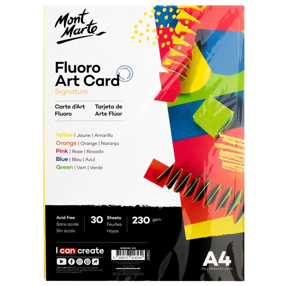 Fluoro Art Card Signature A4 230 gsm, by Mont Marte, coloring and painting, ages 3+