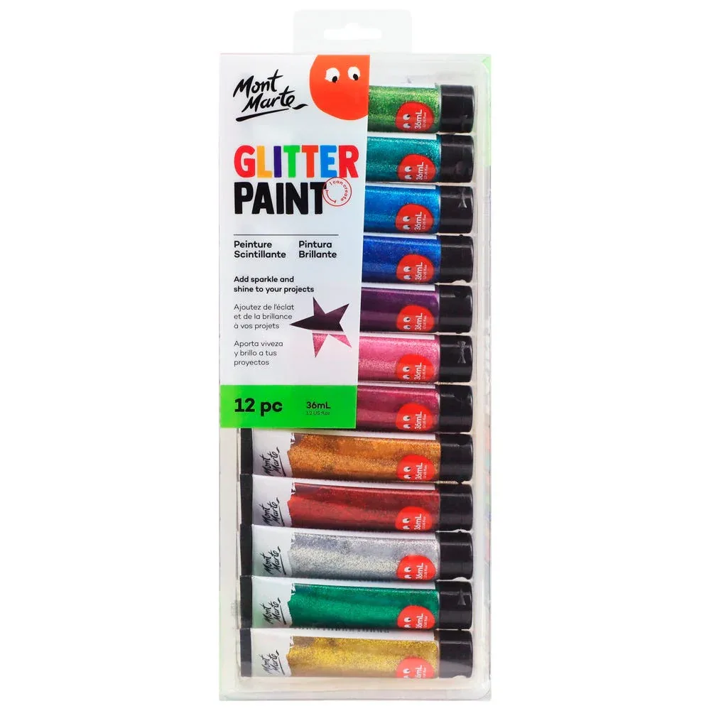 Glitter Paint 12pc x 36ml (1.2 US fl.oz), by Mont Marte, coloring and painting, ages 3+