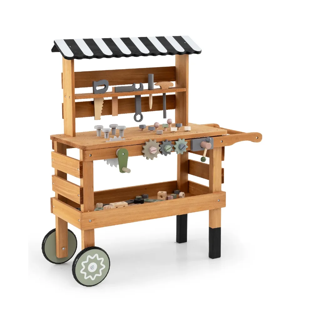 Wooden Outdoor Tool Rolling Worktop, by One Elephant, wooden pretend toys, ages 3+