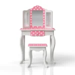 Teamson Kids Little Princess Gisele 2-pc Fashion Polka Dot Prints Vanity Set with LED Tri-Fold Mirror, Matching Stool, and Storage Drawer, White/Pink - Image 5