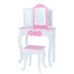 Teamson Kids Little Princess Gisele 2-pc Fashion Polka Dot Prints Vanity Set with LED Tri-Fold Mirror, Matching Stool, and Storage Drawer, White/Pink
