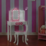 Teamson Kids Little Princess Gisele 2-pc Fashion Polka Dot Prints Vanity Set with LED Tri-Fold Mirror, Matching Stool, and Storage Drawer, White/Pink - Image 2
