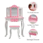 Teamson Kids Little Princess Gisele 2-pc Fashion Polka Dot Prints Vanity Set with LED Tri-Fold Mirror, Matching Stool, and Storage Drawer, White/Pink - Image 4