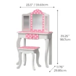 Teamson Kids Little Princess Gisele 2-pc Fashion Polka Dot Prints Vanity Set with LED Tri-Fold Mirror, Matching Stool, and Storage Drawer, White/Pink - Image 3