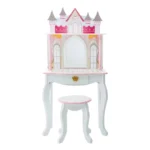 Teamson Kids Dreamland Princess Wooden Play Vanity Set with Mirror, Shelf, Storage Drawer, Stool, and Accessories for 12" Dolls, White and pink