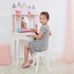 Teamson Kids Dreamland Princess Wooden Play Vanity Set with Mirror, Shelf, Storage Drawer, Stool, and Accessories for 12" Dolls, White and pink - Image 6