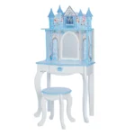 Teamson Kids Dreamland Princess Wooden Play Vanity Set with Mirror, Shelf, Storage Drawer, Stool, and Accessories for 12" Dolls, White and Blue
