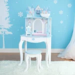 Teamson Kids Dreamland Princess Wooden Play Vanity Set with Mirror, Shelf, Storage Drawer, Stool, and Accessories for 12" Dolls, White and Blue - Image 2